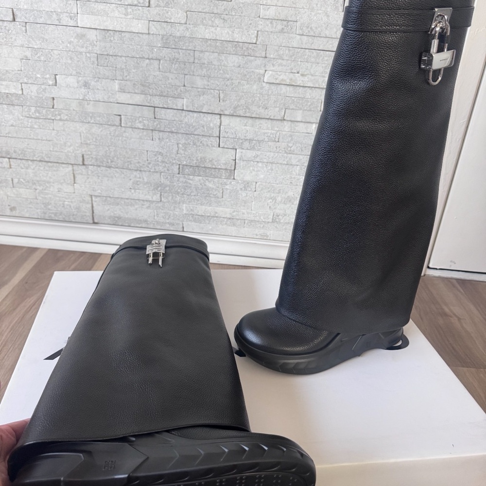 Givenchy shark boots Black Leather Knee-High Boots with Silver Buckle
